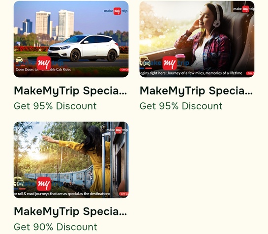 Woohoo loot - mmt cab , bus and train gift cards @90- 95% off