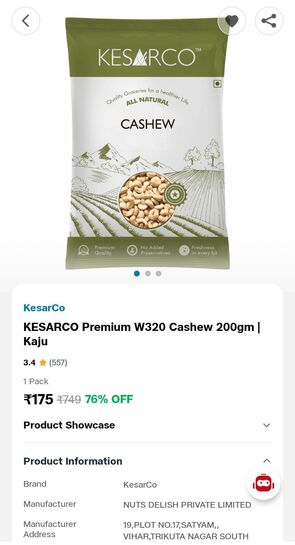 KESARCO Premium W320 Cashew 200gm 