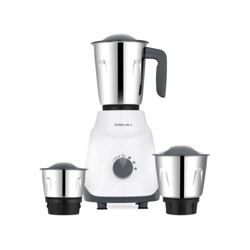 Bajaj GX1 Ninja Series 500W Mixer Grinder With 3 Jars (Stainless Steel Jars) | Superior Mixie For Kitchen | Durable Mixer Grinder | DuraCut Blades | 2 Yrs Warranty White/Grey