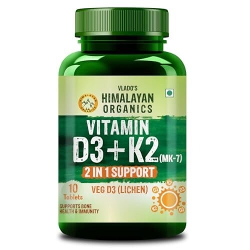 Vlado’s Himalayan Organics Vitamin D3 600 IU + K2 as MK7 Supplement | Supports Stronger Immunity & Bone & Heart Health | Healthy Heart For Men And Women - 10 Veg Tablets