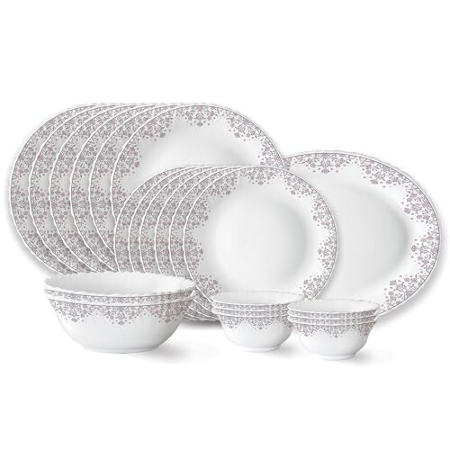 Larah by Borosil Lark Fluted Series Opalware Dinner Set | 21 Pieces for Family of 6