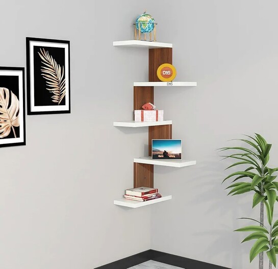 Furniture Café Modern Wooden Corner Wall Shelf with 5 Tiers