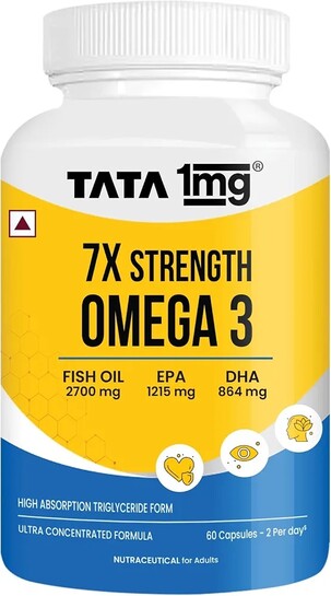 Tata 1mg 7X Strength Omega 3 Fish Oil 2700 mg | 60 Softgel Capsules