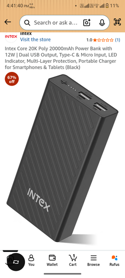 Intex Core 20K Poly 20000mAh Power Bank with 12W | Dual USB Output, Type-C & Micro Input, LED Indicator, Multi-Layer Protection, Portable Charger for Smartphones & Tablets (Black)