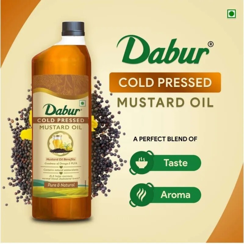 Dabur Cold Pressed Cooking Oil | Omega 3 PUFA | Blend of Taste & Aroma Mustard Oil Plastic Bottle (1 L) (location specific)
