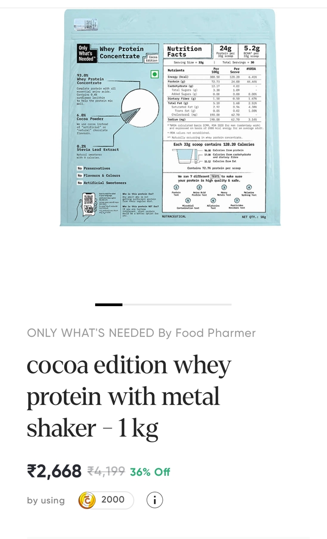 Only What's Needed Whey Protein Cocoa Edition with free metal shaker 1kg