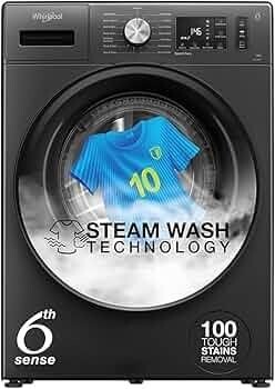 Whirlpool 8 Kg 5 Star Inverter Supreme Care Front Load Fully Automatic Washing Machine with In-Built Heater (XS8014BWME, MidNight Grey, Steam Technology, 100+ Tough Stains, 6th Sense Soft Move)