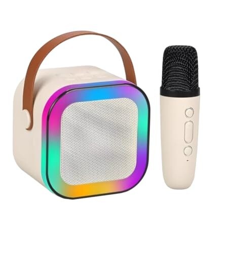 Magicwand® K12USB-C-Charging Biege 1 Mic Kids Wireless Bluetooth Speaker with Karaoke Microphone & RGB LED Lighting for Kids