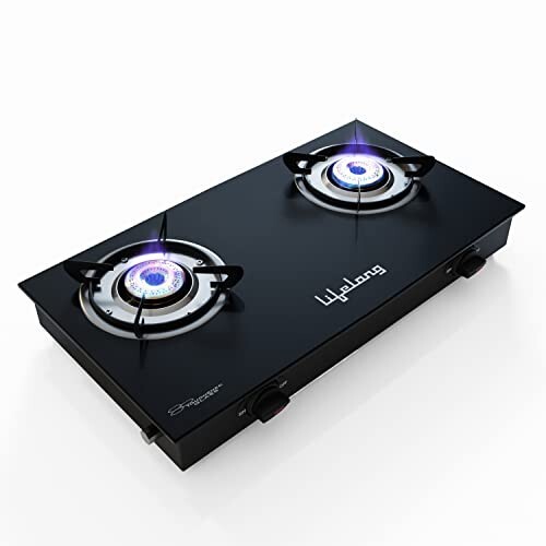 Lifelong 2 Burner Gas Stove Top for Kitchen - Manual Ignition Cooktop Modern Glass Stove for Modular Kitchen