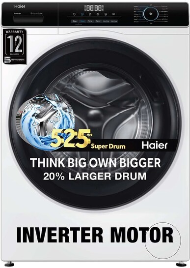 Haier 7 kg AI with Inverter Motor,Puristeam and Refresh Function, Anti Bacterial Technology, Super Drum 525mm with Custom Wash Programs Fully Automatic Front Load Black, White