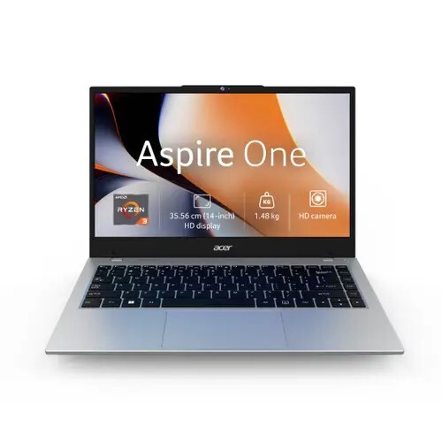 Acer, Aspire One, AMD Ryzen 3 7320U processor, Windows 11 Home + MS Office, 8GB RAM, 256 GB SSD, 14" (35.56 cm) HD Display, Pure Silver, 1.48 kg, A114-43, Thin and Light Laptop