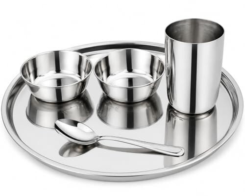 Stainless Steel Dinner Set for 1 Person | 5 Piece Thali Set with Plate, Bowls, Glass & Spoon | 