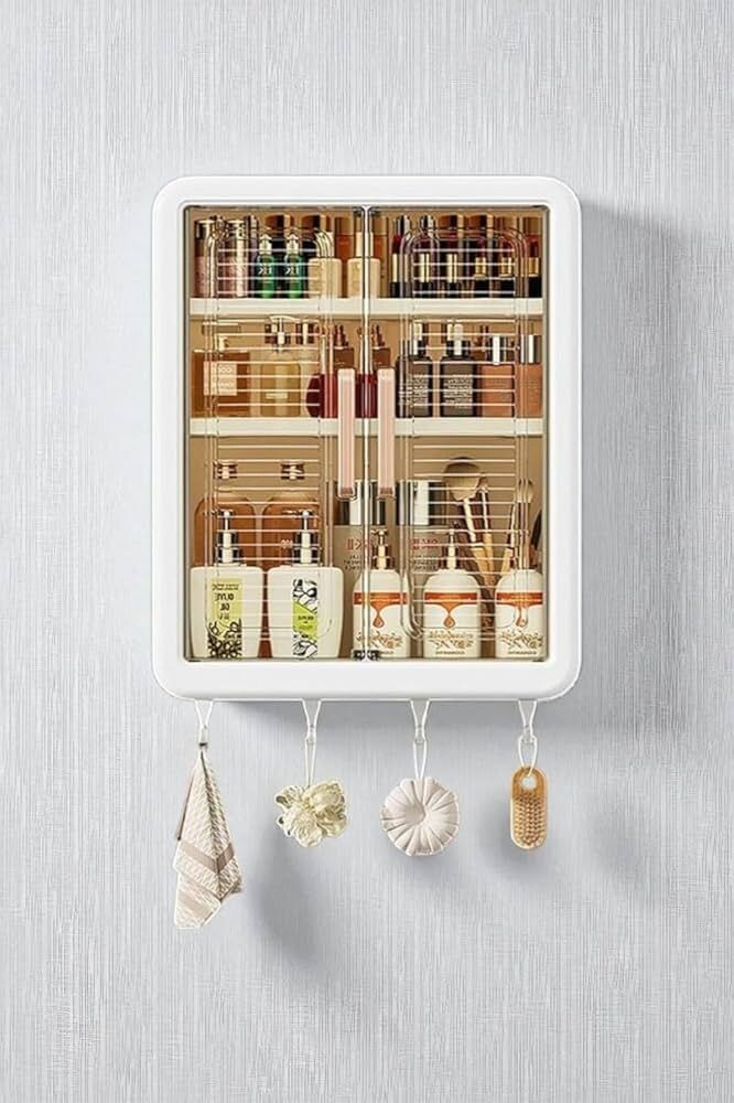 Arto Wall Mounted Medicine Cabinet | Double Door Storage with Hooks | Waterproof Multipurpose Organizer for Home & Kitchen (White)