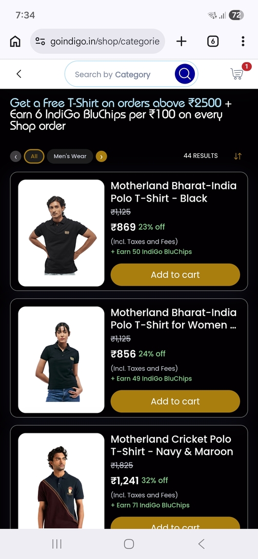 Free T-Shirt on orders above ₹2500 on clothing at IndiGo Shop