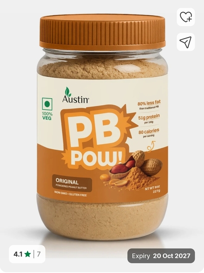 Flipkart 100% SuperCoins Cashback | PBPow Original Peanut Butter Powder 100% Peanuts, Unsweetened Unsalted 115g Protein in (227 g)