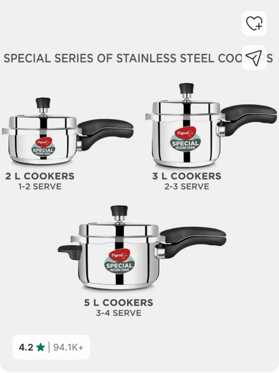Pigeon Special and 2 L, 3L, 5 L Induction Bottom Pressure Cooker (Stainless Steel)