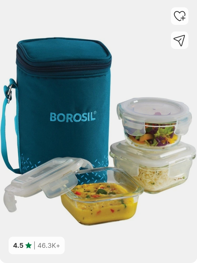 BOROSIL  Teal Bag, 3 Pc (320 ml x 2 + 240ml x 1), Office Tiifin 3 Containers Glass Office Lunch Box (880 ml)