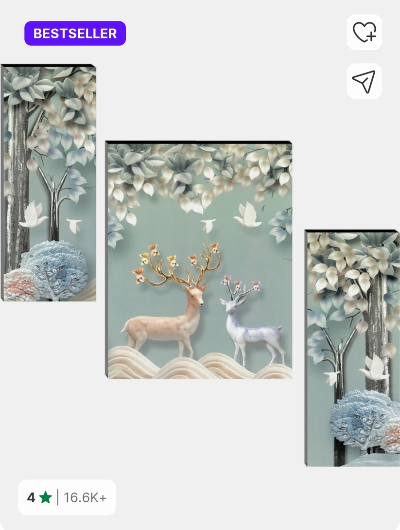 Indianara Set of 3 Deers MDF Art Painting (4064FL) without glass Digital Reprint 18 inch x 12 inch Painting (With Frame, Pack of 3)