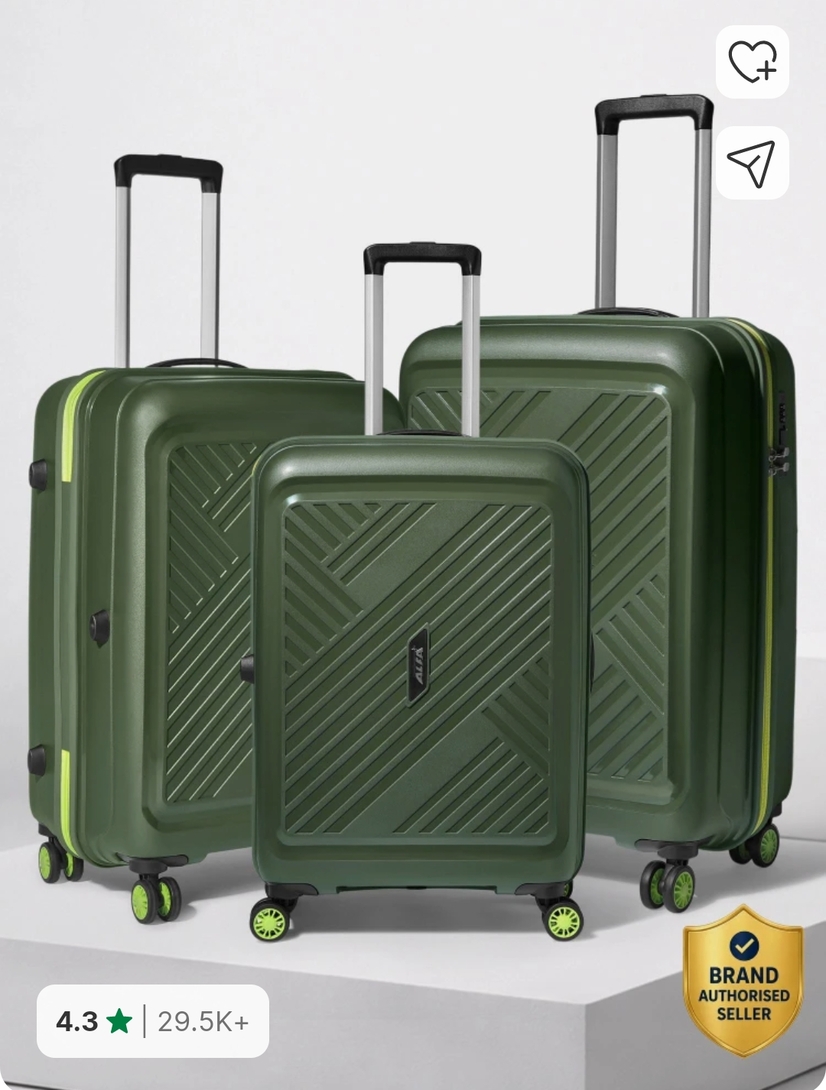 ALFA by VIP Hard Body Set of 3 Luggage 8 Wheels - Rhino Strong Hard Side Luggage | Trolley Bag With Flushed Combination Lock Dark Green