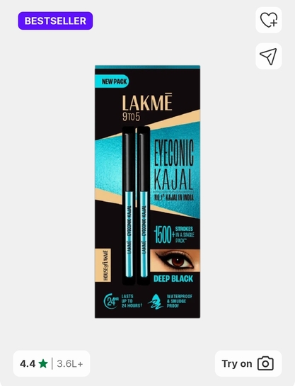 Lakmé 9 to 5 Eyeconic Kajal Twin Pack, lasts upto 24hrs, Pack of 2 (Deep Black, 0.7 g)