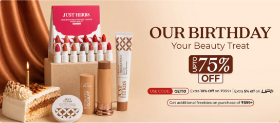 Justherbs - Birthday Treat - Upto 75 % off + Extra 10% off on 999 | Extra 5% off on UPI | Freebies 