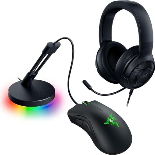 Razer Game On Bundle Gaming Combo with DeathAdder Essential Wired Mouse, Kraken X Lite Lightweight Gaming Headset, Mouse Bungee V3 Chroma, 6400 DPI Optical Sensor, 40mm Drivers, Black - NASA Packaging