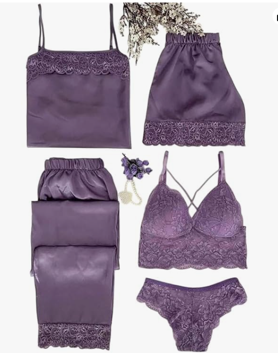 Valentine's Day Fancy Night Suit & Bra Penty Set Combo for Women's Pack of 7 Pcs Nightwear Lingerie Purple Nightwear Wedding Gifts (Free Size)