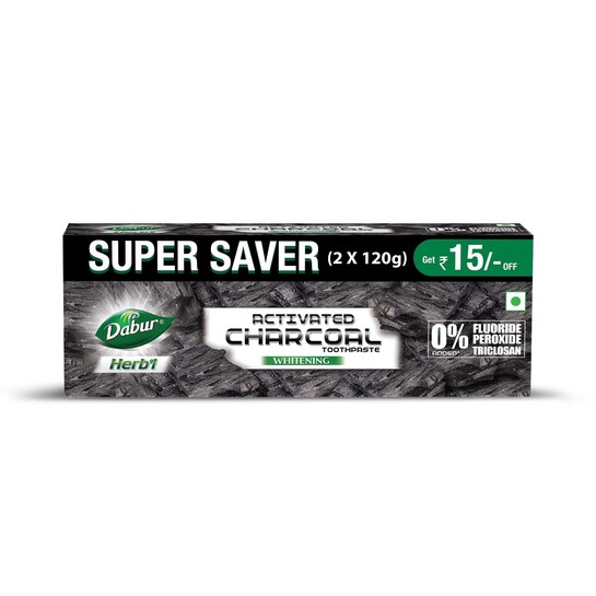 DABUR Herb'L Activated Charcoal Toothpaste 240G (120G x2, Pack of 2) | Whitening Black Gel Toothpaste | Fluoride Free | Fights Plaque & Extrinsic Stains | With Power of Mint | Cool & Refreshing Mouth Experience