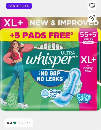 Whisper Ultra Upto No Gap No Leaks* Sanitary Pads, 60 XL+ Pads Sanitary Pad (Pack of 60)