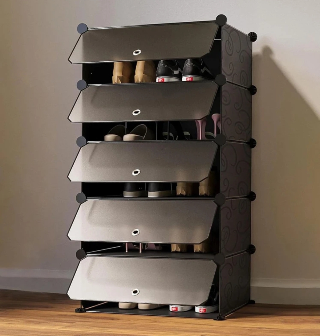 Sasimo 5-Shelf-5-Door Plastic Cubort Shoe Rack Plastic Collapsible Shoe Stand (Black, 5 Shelves, DIY(Do-It-Yourself)