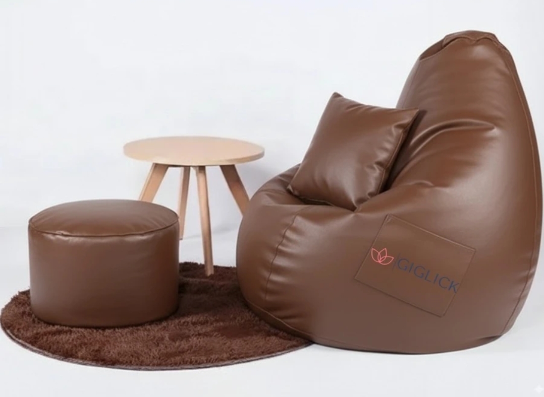 GIGLICK XXXL Faux Leather Leatherette Bean Bag with Footrest and Cushion Filled with Beans Bean Bag Chair With Bean Filling (Tan)