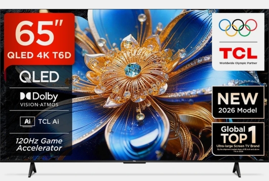 TCL T6D 163.83 cm (65 inch) QLED Ultra HD (4K) Smart Google TV 2026 Edition with HDR10+ Dolby Vision- Atmos 24W HVA Panel TCL AI Slim & Uni body Design (65T6D)