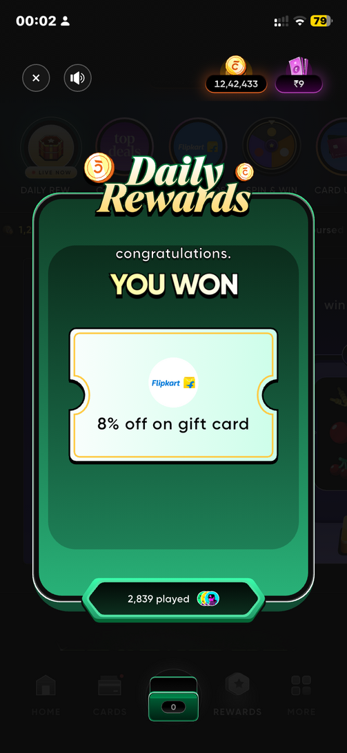 8% off Flipkart gv cred daily rewards 9th July 