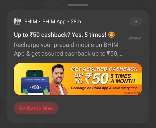 Bhim - Recharge your prepaid mobile on BHIM App & get assured cashback up to ₹50, 5 times a month.