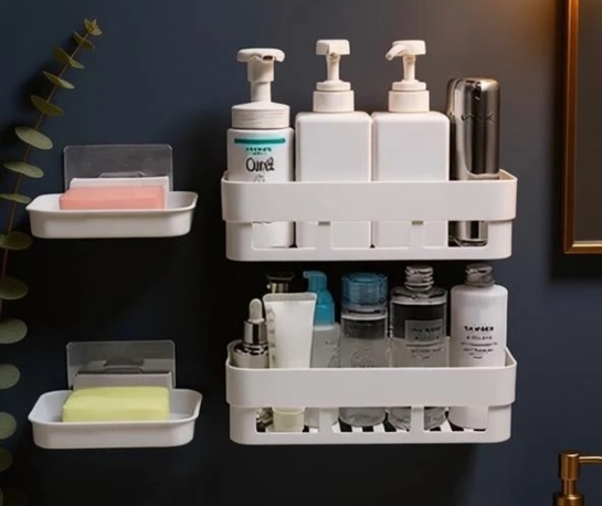 PYORIT Multipurpose Wall Mounted Bathroom Storage Shelf Organizer Plastic 2 Soap dish Plastic Wall Shelf (Number of Shelves - 4, White)
