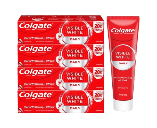 Colgate Visible White Tooth paste Teeth Whitening Starts in 1 week, Combo Pack of 4x120g Toothpaste (480 g, Pack of 4)