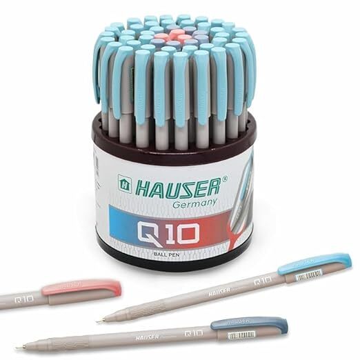 Q10 0.6mm Ball Pen Tumbler Set | Trendy Durable Plastic Clip with Comfortable Grip | Attractive Solid Grey Body, Low-Viscosity Ink | Blue, Black &