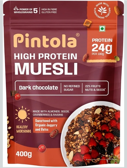 Pintola High Protein Muesli Dark Chocolate & Cranberry 400g, 24g Protein, High Fibre, Trans Fat Free with Brown Sugar, Real Fruits, Muesli for Breakfast Food, Muselies Fruit Nuts and Seeds (400g)