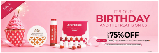 Justherbs - Birthday Sale is Live | Upto 75% off | GET 10% Off | 5% on UPI