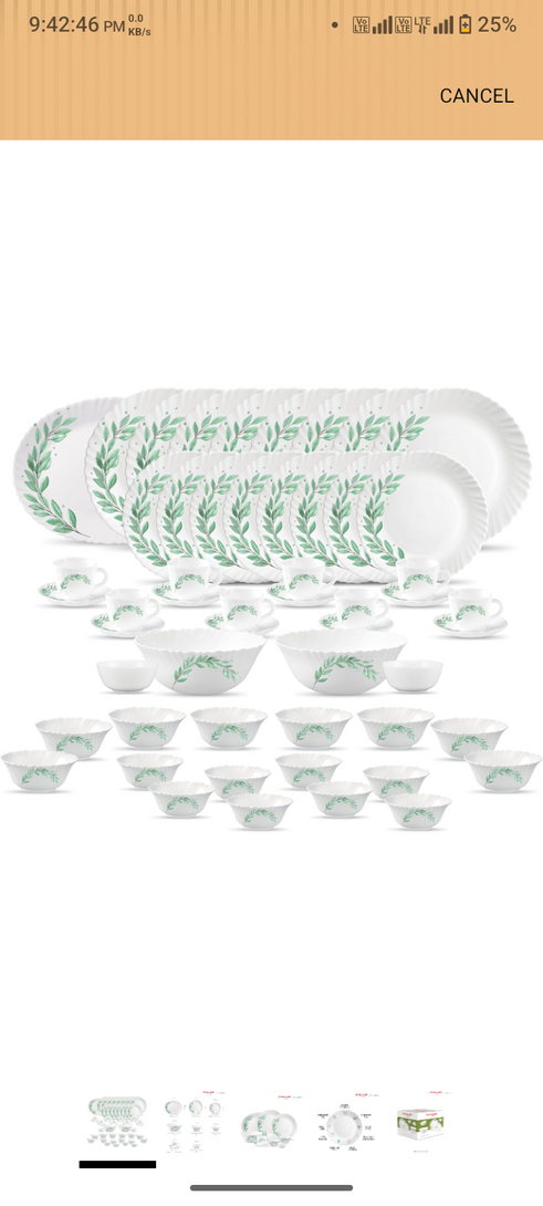 La Opala Diva Classique Collection Opal Glass Crockery | for Family of 8 | Dinner Set 53 pcs Olive Trails | Plates, Bowls & Cups for Dining | Microwave Safe | 100% Vegetarian | Extra Strong | White