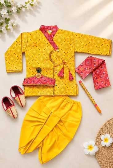 Generic Boys Krishna Costume Kurta Dhoti Set, Yellow Bandhani Print @ ₹39