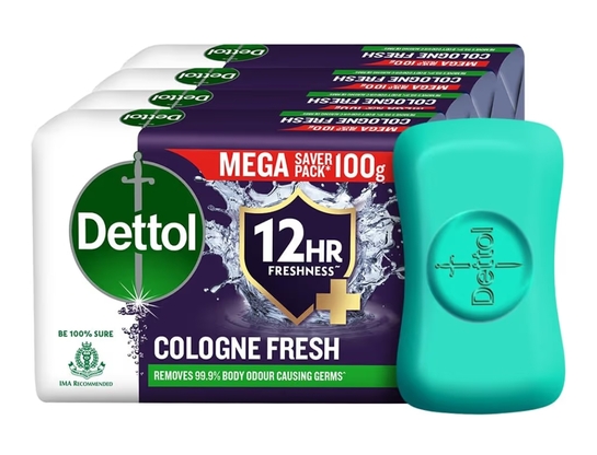 Dettol Cologne Fresh Bathing Soap Bar with 12hr Freshness and Germ Protection, 100g Pack of 4, (400gm)