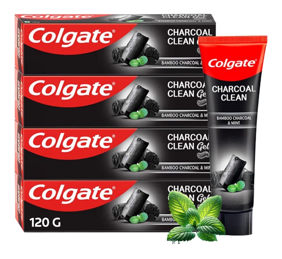 Colgate Charcoal Clean Black Gel whitening Toothpaste, 480 gm (120g x 4), Bamboo Charcoal and Wintergreen Mint for a Clean Mouth Experience
