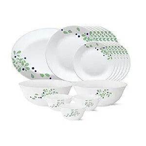 Larah by Borosil - Tiara Series, Foliage, 21 Pcs, Opalware Dinner Set, White