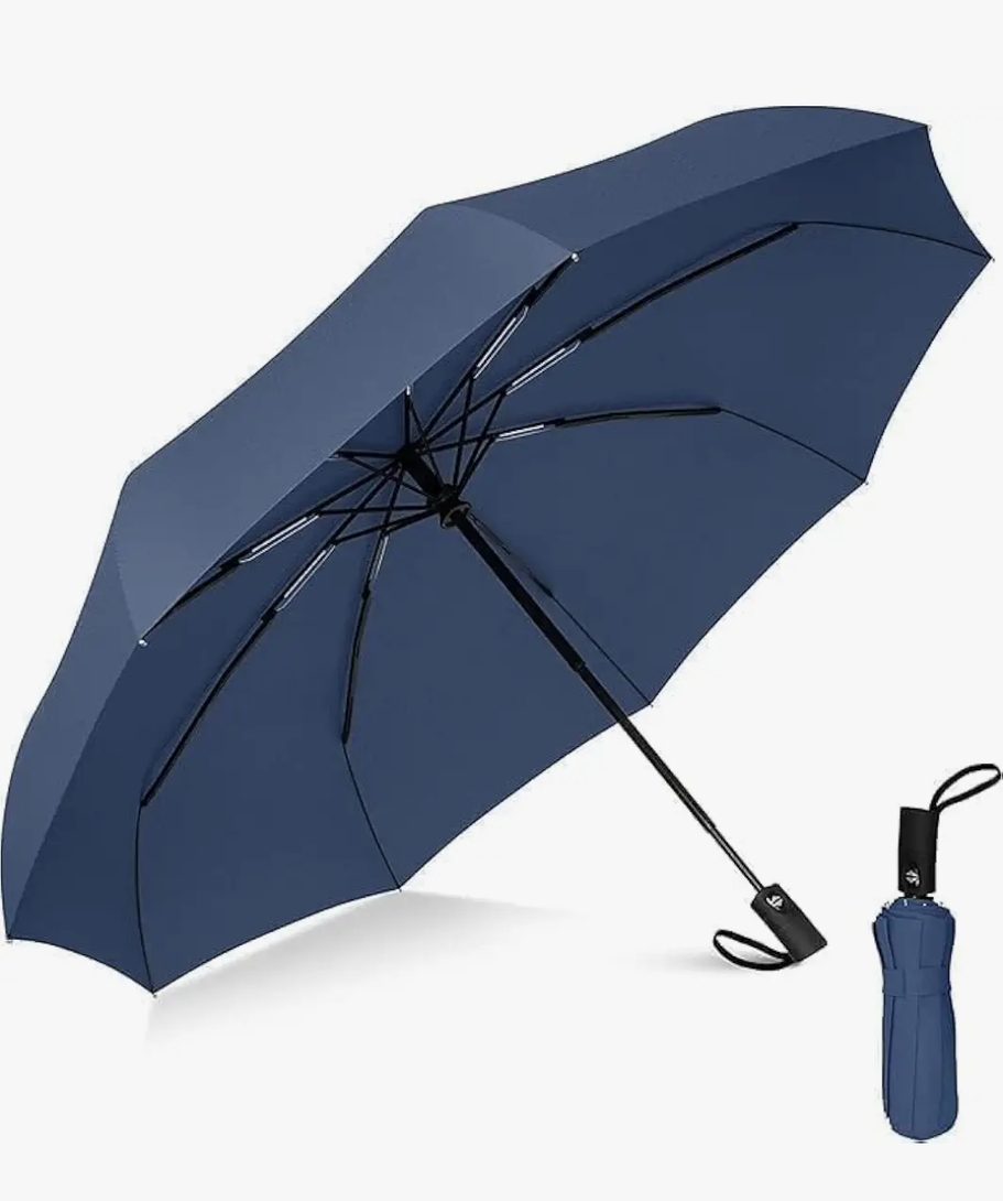 Kerok Portable Auto Travel Umbrella - Windproof for Rain, Strong for Wind, Auto Open/Close Button, Perfect Car Umbrella for Men & Women (Black)