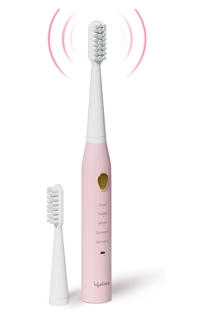 Lifelong Rechargeable Toothbrush for Adults - Smart Brush with 5 Cleaning Modes & Smart Auto Shut-Off - Waterproof Electronic Toothbrush - 2 Electric Heads, 500mAh Long-Lasting Battery (Pink, LLDC135)