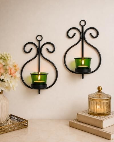 Homesake® Wall Candle Sconce Set of 2 Wrought Iron Candle Holder Hanging Wall Mounted Candle Sconces for Living Room Home Decor, Black with Glass and Free T-Light Candles (Green)