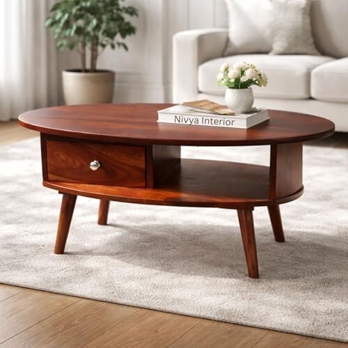 Oval Solid Sheesham Wooden Coffee Table for Home | Living Room Center Table with Storage Shelf & Drawer | Modern Sofa Coffee Table