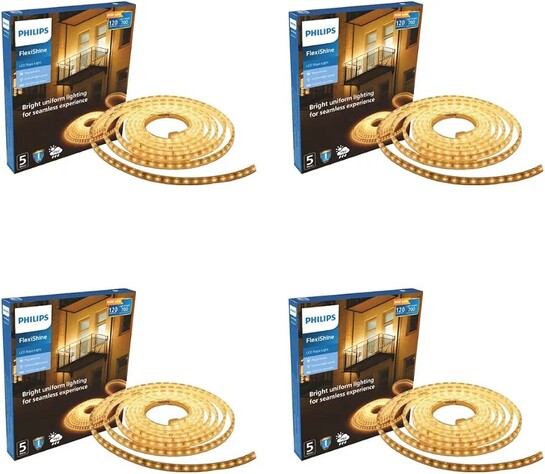 PHILIPS FlexiShine LED Strip Light 5M | 8 Watt per Meter | 120 LEDs/m | Warm White Pack of 4