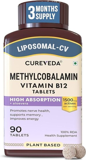 (90 Tablets) Cureveda Liposomal Vitamin B12 1500 mcg Active Methylcobalamin Aloe Vera | High Absorption Tablets for Nerve Health, Memory & Energy |  (90 Day Pack)